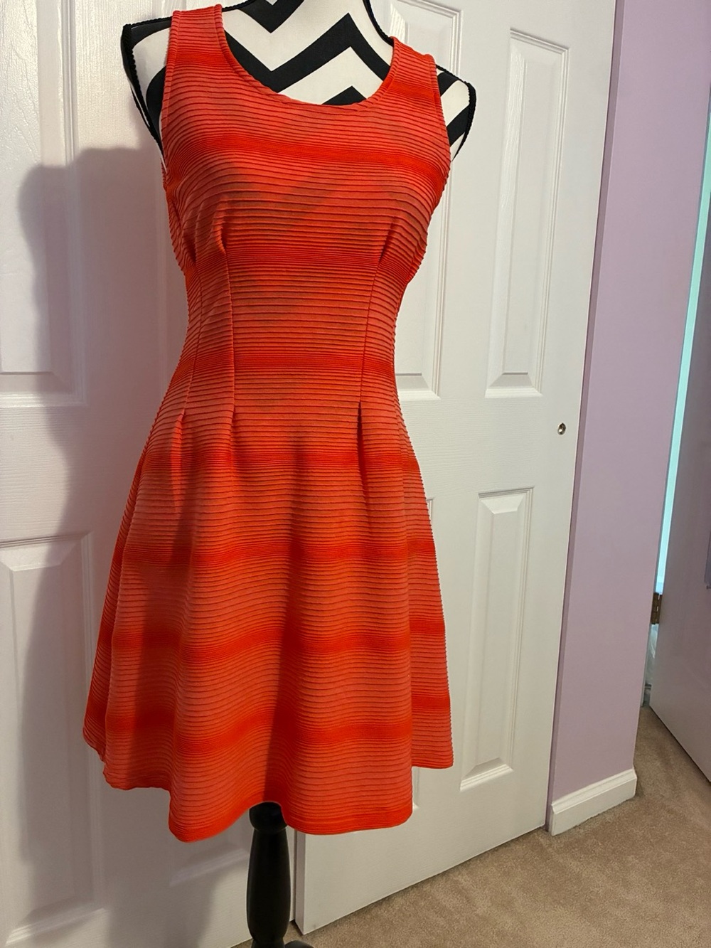 Orange Ribbed Fit-and-Flare Sleeveless Dress